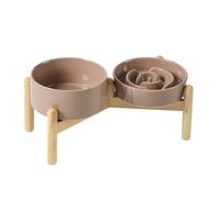 Havniva Ceramic 0.9 Cup Raised Slow Feeder Dog Bowl Set, Elevated 6.1inch Water Bowl and 6.1inch Slow Dish with Wooden Stand for Small Dogs(2 x Brown Coffee+ Stand)