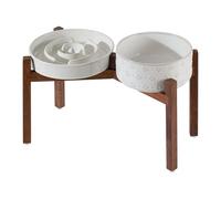 Havniva Ceramic 1.6 Cup Raised Slow Feeder Dog Bowl Set, Elevated 7.3inch Bowl and 8.2inch Dish with Acacia Wood Stand for Medium and Large Dog(Reactived Glaze -White