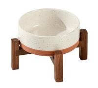 Havniva Ceramic 5.1inch Raised Dog and Cat Bowl Set, 2 Heights Elevated Wooden Stand for Puppy, Kitty, Cats, Weighted Pet Food and Water Dishes(5.1'',13.5oz, Vanilla White)