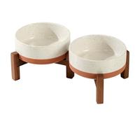 Havniva Ceramic 5.1inch Raised Double Bowls Set with Acacia Wood Stand, 2 Heights Elevated, Food & Water Bowls for Puppy, Kitty, Cats(13.5oz, Vanilla White)