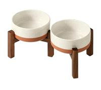 Havniva Ceramic 6.1inch Raised Double Dog Bowls Set with Acacia Wood Stand, 2 Heights Elevated, Food & Water Bowls for Small Dogs(28.2oz, Vanilla White)