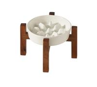 Havniva Ceramic 6.1inch Raised Slow Feeder Dog Bowl Set, Elevated Acacia Wood Stand for Small Dogs and Cats, Slow Pet Dish for Fast Eaters, Helps Stop Bloat(1 Bowl & Stand, Vanilla White)