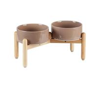 Havniva Ceramic 7.3inch Raised Double Bowls Set with Wooden Stand, Food & Water Bowls for Medium Breed Dogs, Weighted Dog Dishes, Pet Feeder(Brown Coffee)