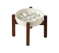 Havniva Ceramic 7.3inch Raised Slow Feeder Dog Bowl Set, Elevated Acacia Wood Stand for Small and Medium Dogs, Slow Pet Dish for Fast Eaters, Helps Stop Bloat(1 Bowl & Stand, Vanilla White)