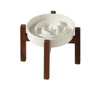Havniva Ceramic 7.3inch Raised Slow Feeder Dog Bowl Set, Elevated Acacia Wood Stand for Small and Medium Dogs, Slow Pet Dish, Stop Bloat(Single Bowl+ Stand, Vanilla White)