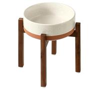 Havniva Ceramic 8.2inch Raised Dog Bowl Set, Elevated with Acacia Wood Stand, Food and Water Bowl for Large Breed Dogs, Weighted Pet Dishes(60oz, Vanilla White)
