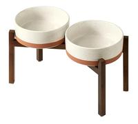 Havniva Ceramic 8.2inch Raised Double Dog Bowls Set with Acacia Wood Stand, Food & Water Bowls for Large Breed Dogs, Weighted Pet Dishes(60oz, Vanilla White)