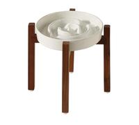 Havniva Ceramic 8.2inch Raised Slow Feeder Dog Bowl Set, Elevated Acacia Wood Stand for Medium and Large Dogs, Slow Pet Dish, Stop Bloat(Single Bowl+ Stand, Vanilla White)