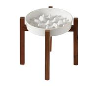 Havniva Ceramic 8.2inch Raised Slow Feeder Dog Bowl Set, Elevated Acacia Wood Stand for Medium and Large Dogs, Slow Pet Dish for Fast Eaters, Helps Stop Bloat(1 Bowl & Stand,Reactived Glaze -White)