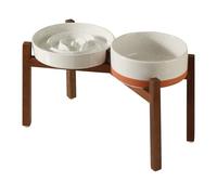 Havniva Ceramic Raised Slow Feeder Dog Bowl Set, Elevated 7.3inch Bowl and 8.2inch Dish with Acacia Wood Stand for Medium and Large Dogs(2 x Vanilla White+ Stand)