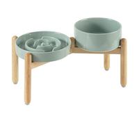 Havniva Ceramic Raised Slow Feeder Dog Bowl Set, Elevated 7.3inch Bowl and 8.2inch Puzzle Slow Dish with Wooden Stand for Medium and Large Dog, Anti-Gulping (2X Light Green+ Stand)