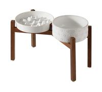 Havniva Ceramic Raised Slow Feeder Dog Bowl Set, Elevated 7.3inch Bowl and 8.2inch Slow Feeder Dish with Acacia Wood Stand for Medium and Large Dog, Stop Bloat(2X Reactived Glaze -White+ Stand)