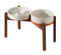 Havniva Ceramic Raised Slow Feeder Dog Bowl Set, Elevated 8.2inch Bowl and 9.5inch Dish with Acacia Wood Stand for Large Dogs(2 x Vanilla White+ Stand)