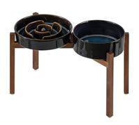 Havniva Ceramic Raised Slow Feeder Dog Bowl Set, Elevated 8.2inch Bowl and 9.5inch Dish with Acacia Wood Stand for Large Dog, Stop Bloat(2X Starry Sky+ Stand)