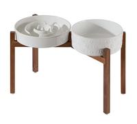 Havniva Ceramic Raised Slow Feeder Dog Bowl Set, Elevated 8.2inch Bowl and 9.5inch Dish with Acacia Wood Stand for Large Dog, Stop Bloat(2X Reactived Glaze -White+ Stand)