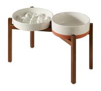Havniva Ceramic Raised Slow Feeder Dog Food and Water Bowl Set for Fast Eaters, Elevated 8.2inch Bowl and 9.5inch Dish with Acacia Wood Stand for Large Dogs (2 x Vanilla White+ Stand)