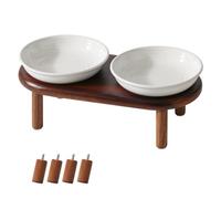 Havniva Elevated Ceramic Cat Dish, Wide Whisker Friendly Anti-Slip Food & Water Bowl with 2 Heights Adjustable Acacia Wooden Stand - Pet Bowl Set for Cats (2 Dishes +Stand, White)