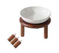 Havniva Elevated Ceramic Paw Print Cat Dish, Wide Whisker Friendly Anti-Slip Food & Water Bowl with 2 Heights Adjustable Acacia Wooden Stand for Cats (1 Dish + 1 Stand, White)