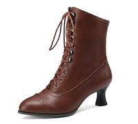 HavueGatue Lace Up Ankle Boots for Women Block Heel Victorian Boots Pointed Toe Booties Side Zipper Brown Mark Size 36