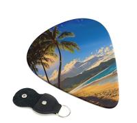 hawaii beach Printed Guitar Picks, 6 Pack with Leather Keychain Pick Holder - 0.46mm, 0.71mm, 0.96mm Assorted Thickness for Acoustic Ukulele, Electric Guitar, Acoustic Guitar, Bass