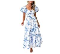 Hawaii Fancy Dress Loose Swing Long Dress Floral Print Ruched Short Sleeve Floral Beach Dress Off Shoulder Puff Sleeve Dress V Neck Beach Dress Cutout High Waist Dress Wedding Guest Dresses (Blue, L)