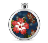 Hawaii Flower Hip Flasks for Liquor 5oz Stainless Steel Leakproof Thin Flasks Round Small Portable Travel Liquor Flask Modern Whiskey & Liquor Pocket Flask for Men&Women