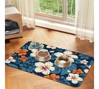 Hawaii Flower Pet Feeding Mat Absorbent Pu Leather Dog Cat Food Mats Contain Spills Protects Floors, Anti-Slip Rubber Backing Dog Bowl Mats Easy Clean Pet Placemats 30x45cm