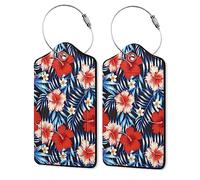 Hawaii Hibiscus Flower Luggage Tags Set of 2 Leather Luggage Tags Privacy Cover Suitcase Label with Stainless Steel Loop for Women/Men Travel,Tropical Palm Leaves