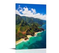 Hawaii Na Pali Coast Tropical Mountain Beach Aerial Landscape Canvas Printed Posters Wall Art, Bright Ocean Scenery for Living Room Bedroom Vacation House Decor 24x36inch