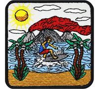 Hawaii Patch Surfer Paradise Sticker | Aloha Palm Trees Image Volcano | Surfboard Fabric Applique | Embroidered to sew on/Iron on for All Fabrics | Surfing | 75X75 mm