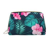 Hawaii Pink Flower Leather Hand-Held Zipper Makeup Bag Cute Make Up Case Large Wide-Open Pouch Pen Case
