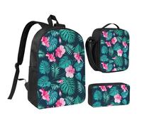 Hawaii Pink Flower Print Breathable Backpack Set-3 In 1 Lunch Bag Pen Case Convenient Carry Snacks Drinks