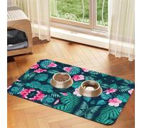 Hawaii Pink Flower Print Pet Food Mat Absorbent Non Slip PU Leather Feeding Mat for Dogs Cats Rubber Bottom