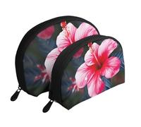 Hawaii Pink Flower Printing Shell Makeup Bag Set 2-Piece Cosmetic Bags Portable Travel Makeup Storage Bag for Women Girls