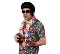 HAWAII ROCK AND ROLL FANCY DRESS COSTUME - THE KING IN HAWAII COSTUME - BLUE HAWAII SHIRT + MULTICOLOURED FLOW NECKLACE + SUNGLASSES + BLACK QUIFF WIG (XX-LARGE)