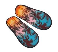 Hawaii Sea Sunset Slippers for Women Men Ocean Palm Tree Non-Slip House Slippers Indoor Comfy Fuzzy Footwear Memory Foam Bedroom Travel Shoes L