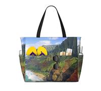 Hawaii Seashore Print Large Waterproof Beach Tote Bag for Women with Zip and Pockets Foldable Handbag for Travel Pool Shopping Holiday Gym