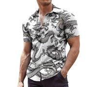 Hawaii Shirt Men's Dragon 3D Print Funny Graphic Shirt with Button Placket, Funny Skull Print Short Sleeve Summer Shirt, Casual Lapel Collar Blouse, Retro Cowboy Shirt, Casual Shirts, M-3XL, H Grey,