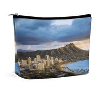 Hawaii Skyline Diamond Head Volcano Makeup Bag, Portable PU Leather Cosmetic Bag with Zipper Pouch, Waterproof Travel Toiletry Bag for Women Men