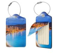 Hawaii Skyline Diamond Head Volcano Print Luggage Tag Leather with Stainless Steel Loop Privacy Cover Name ID Labels for Women Men