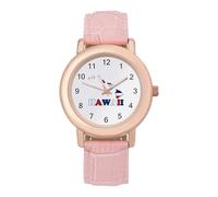 Hawaii State Flag Map Women's Leather Watch Easy Reader Minimalist Wristwatch Pink Rose Gold Strap Watches