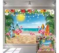 Hawaii Summer Beach Backdrop Tropical Summer Island Seaside Surf Background Sky Ocean Flamingo Palm Leaves Decoration Banner Aloha Luau Happy Party Photography Photo Props (8X6FT)