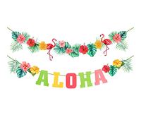 Hawaii Tropical Bunting Banner Large Hawaiian ALOHA Party Decorations Banner Beach Theme Backdrop with Flamingo Artificial Palm Leaves Flower Garland Pattern for Summer Pool Luau Party Supplies