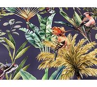 Hawaii Tropical Floral Birds Aubergine Soft Velvet 140cm Wide Curtain Craft Fabric Designer Material for Sewing & Upholstery (1.5 Metre)