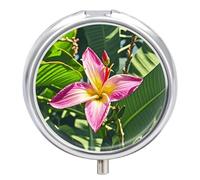 Hawaii Tropical Flower Pill Box 3 Compartment Round Metal Pill Organizer Portable Mini Travel Medicine Case with Mirror Cute Medicine Container Holder for Pocket Purse