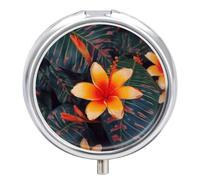 Hawaii Tropical Flower Pill Box 3 Compartment Travel Pill Organizer 3 Times A Day Cute Mini Pill Case for Purse & Pocket Portable Metal Medicine Box with Mirror Round Daily Medicine Vitamin Container