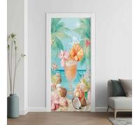 Hawaii Vacation Door Stickers Peel and Stick Cocktail Coconut Sticker Art Door Wallpaper, DIY Self-Adhesive Decoration Shells Coastl Flower Stickers, Waterproof Removable Vinyl Door Mural, 80x215 cm