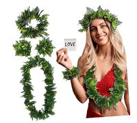 Hawaiian 4pcs in 1 Party Artificial Leaves Garland Tropical Green Hawaiian Headband Necklace Bracelet Fancy Decorations for Simulate Beach Luau Party