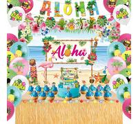 Hawaiian Aloha Luau Birthday Decorations - Tropical Fiesta Summer Beach Party Supplies Including Aloha Banner Backdrop Table Skirt Cake Toppers Balloons for Hawaiian Luau Party Decorations