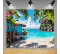 Hawaiian Beach Backdrop 10x8ft Summer Tropical Palm Leaves Flower Ocean Background for Luau Aloha Party Decoration Banner Blue Log Cabin Sea Hawaii Backdrops Decor